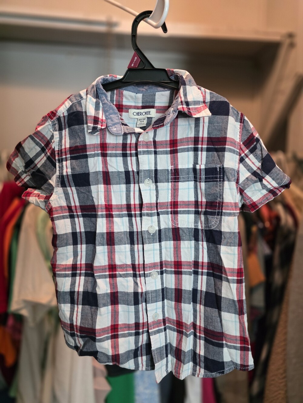 Cherokee Boys Red White and Blue Plaid Short Sleeve Button Shirt